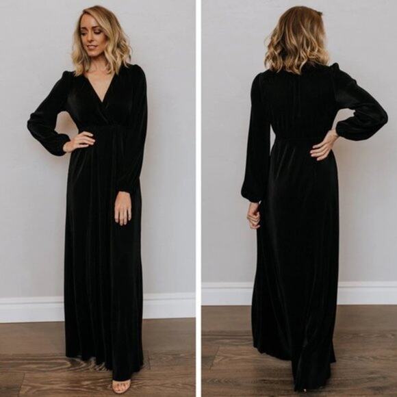 Baltic Born Venus Pleated Maxi Dress Long Sleeve Wrap Surplice Blackk Bridesmaid - Picture 1 of 5